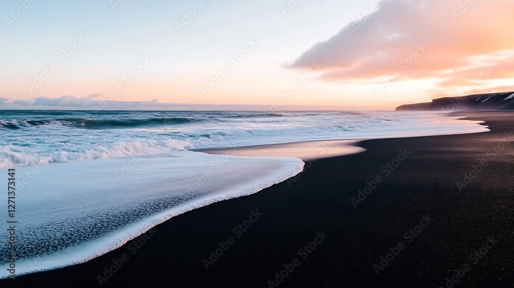 Obraz premium Serene beach view at sunset with gentle waves lapping on black sand shore : Generative AI