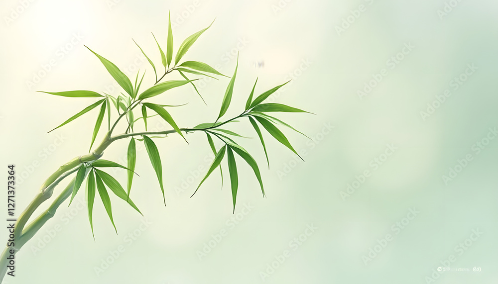 Fototapeta premium Elegant bamboo branch with lush green leaves in soft lighting, minimalistic Asian art-inspired style