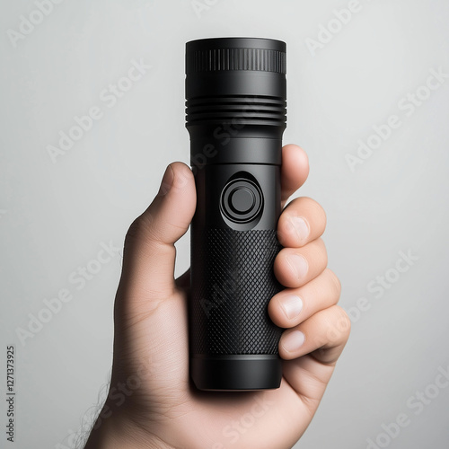 Close-Up of Hand Holding a Powerful Black Flashlight - Emergency Lighting - AI Generated