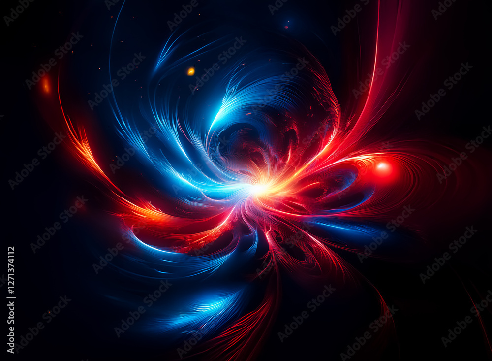 Abstract digital art featuring dynamic swirling lines of red and blue colors converging towards a bright central light on a dark backdrop. Abstract digital art featuring dynamic swirling lines of red and blue colors converging towards a bright central light on a dark backdrop.