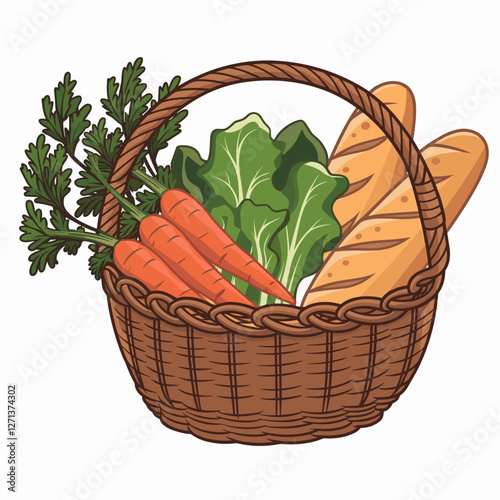 Illustrated Wicker Basket with Fresh Vegetables and Bread