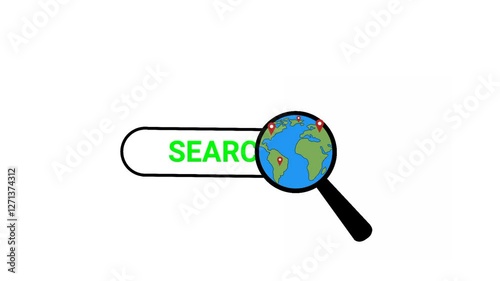 animation of Earth with a white screen, featuring a magnifying glass moving over the globe searching for people, symbolizing recruitment. Perfect for HR, business, educational content, etc