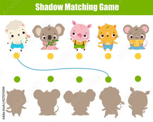 Shadow matching game. Kids activity with cute animals. Learning page for toddlers and children