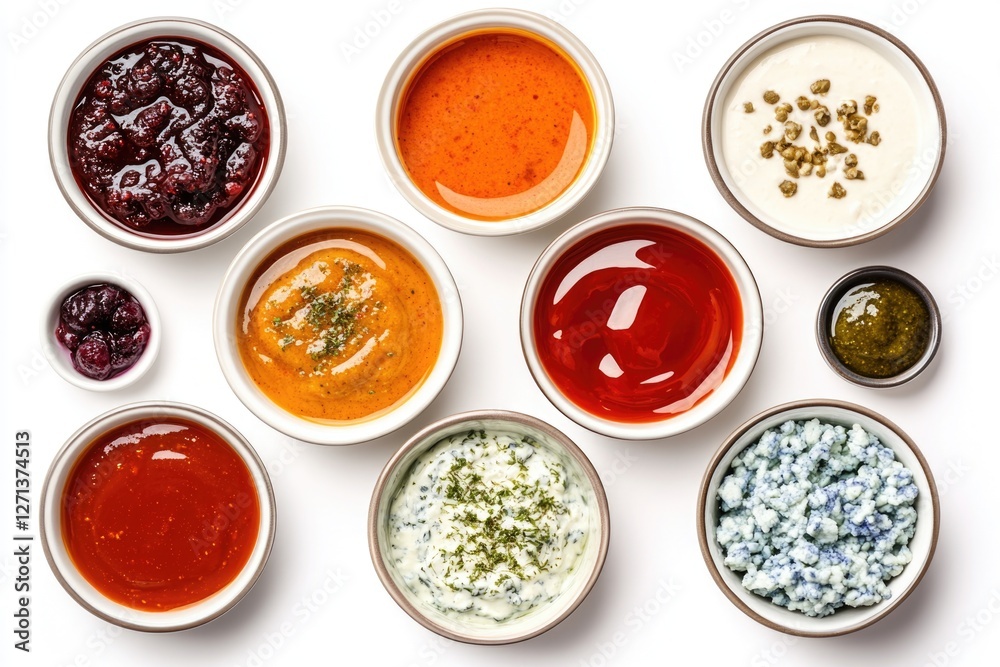 Various dips and sauces in jars, ready to be served with a meal. Various dips and sauces in jars, ready to be served with a meal.