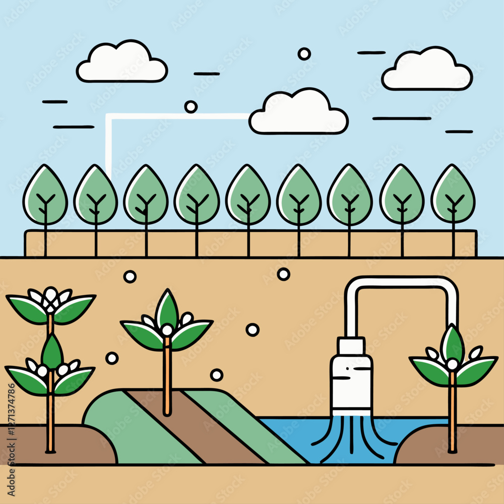  Un sistema de irrigación transporta agua a cultivos en un campo con árboles y plantas en crecimiento. Representa la importancia del riego en la agricultura.
