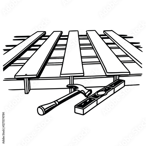  Un conjunto de tablones de madera parcialmente ensamblados con un martillo y un nivelador en primer plano. Representa carpintería y construcción.
