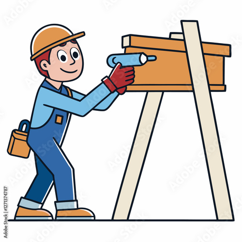  Un carpintero con casco y guantes utiliza un taladro para ensamblar una estructura de madera. Representa trabajo manual y precisión en la construcción.
