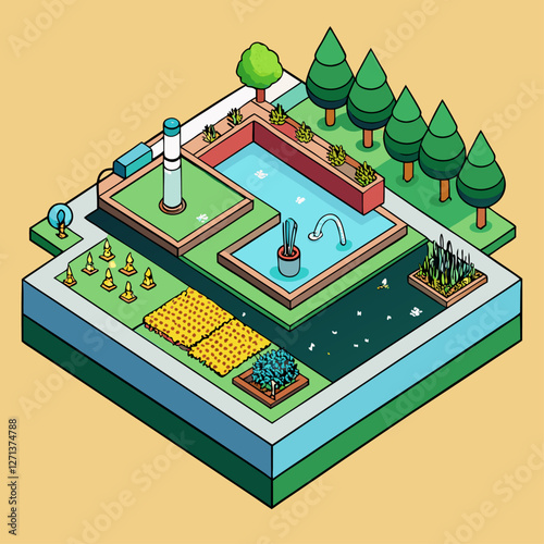  Un diagrama isométrico muestra un sistema de riego y abastecimiento de agua con piscinas, tuberías y cultivos organizados. Representa eficiencia hídrica y sostenibilidad.
