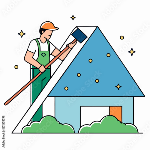  Un trabajador con uniforme y una escoba limpia el techo de una casa, asegurando el mantenimiento del hogar. Representa cuidado y conservación.
