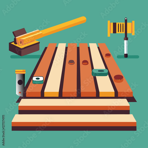  Tablas de madera junto con herramientas como martillo, tornillos y nivelador, organizadas sobre un fondo verde. Representa carpintería y construcción.
