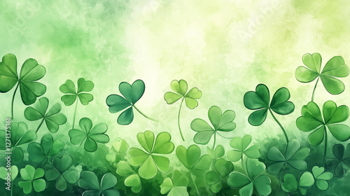 St Patrick clover art background festive design Irish green watercolor illustration
