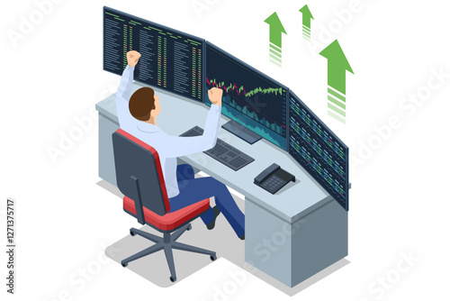 An isometric vector illustration of a trader celebrating in front of multiple stock market monitors displaying positive financial trends. Bull market, stock growth, financial success