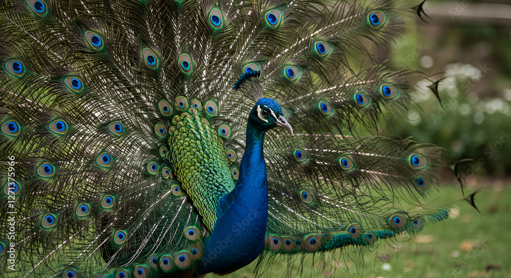 Fototapeta premium peacock with feathers, peacock sitting with its tail feathers partially spread,
