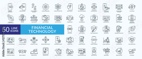 Financial technology icon collection set with mobile payment, digital wallet, contactless transaction, big data analytic, cyber security