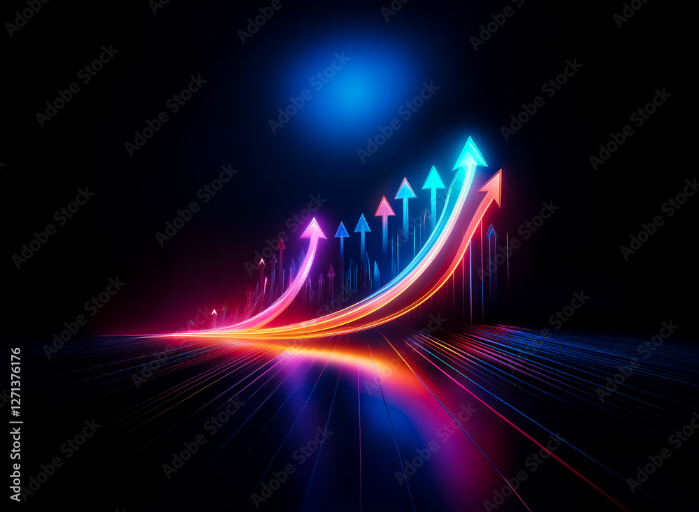 Naklejka premium Vibrant arrows ascend against a dark backdrop, illuminated with neon hues. Dynamic trails convey forward motion and progress, symbolizing growth and positive direction.