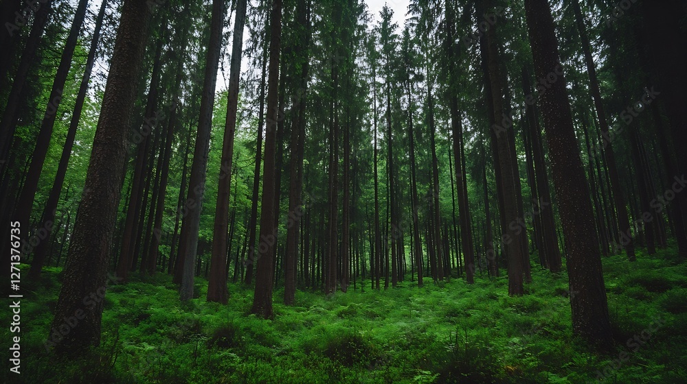 Obraz premium Dense Green Forest with Tall Pine Trees Surrounded by Lush Green Ferns and Soft Natural Light : Generative AI