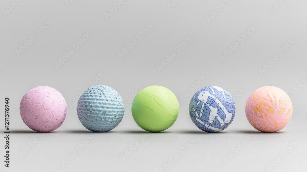 Five Pastel Textured Balls in a Row on Grey Background Five Pastel Textured Balls in a Row on Grey Background