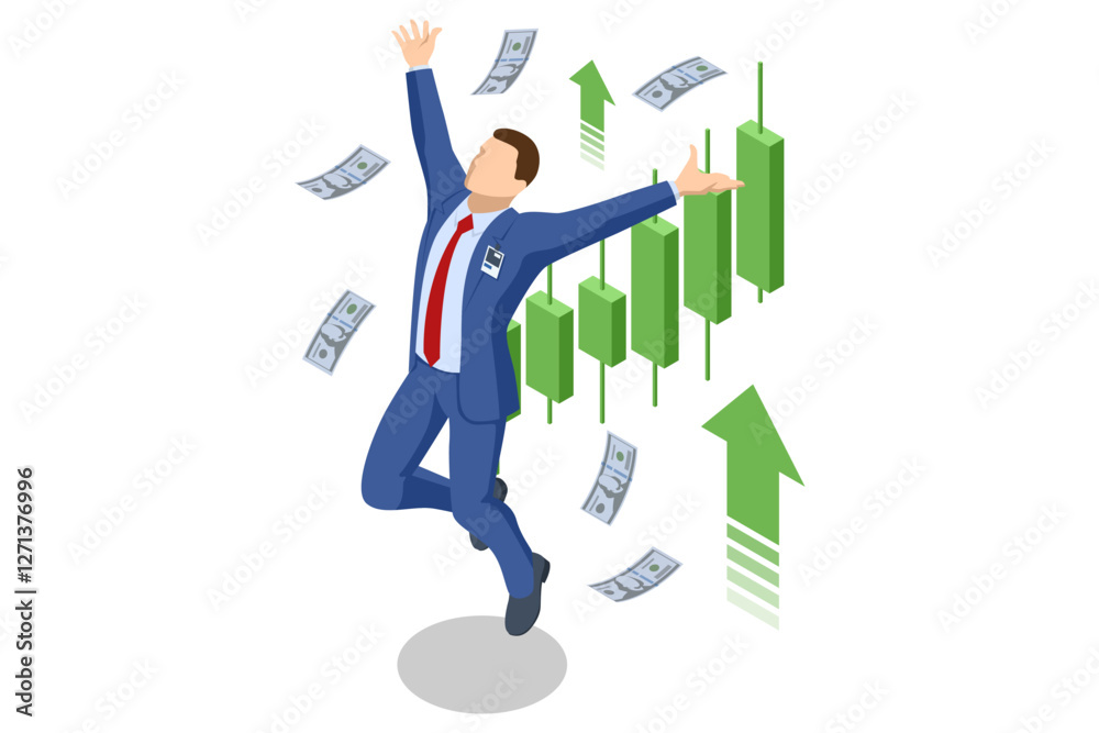 An isometric vector illustration of stock brokers with a large green bull and rising stock charts, symbolizing a bullish market trend. Bull market, stock growth, financial success An isometric vector illustration of stock brokers with a large green bull and rising stock charts, symbolizing a bullish market trend. Bull market, stock growth, financial success