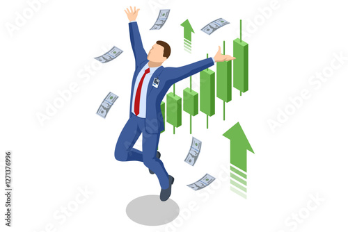 An isometric vector illustration of stock brokers with a large green bull and rising stock charts, symbolizing a bullish market trend. Bull market, stock growth, financial success