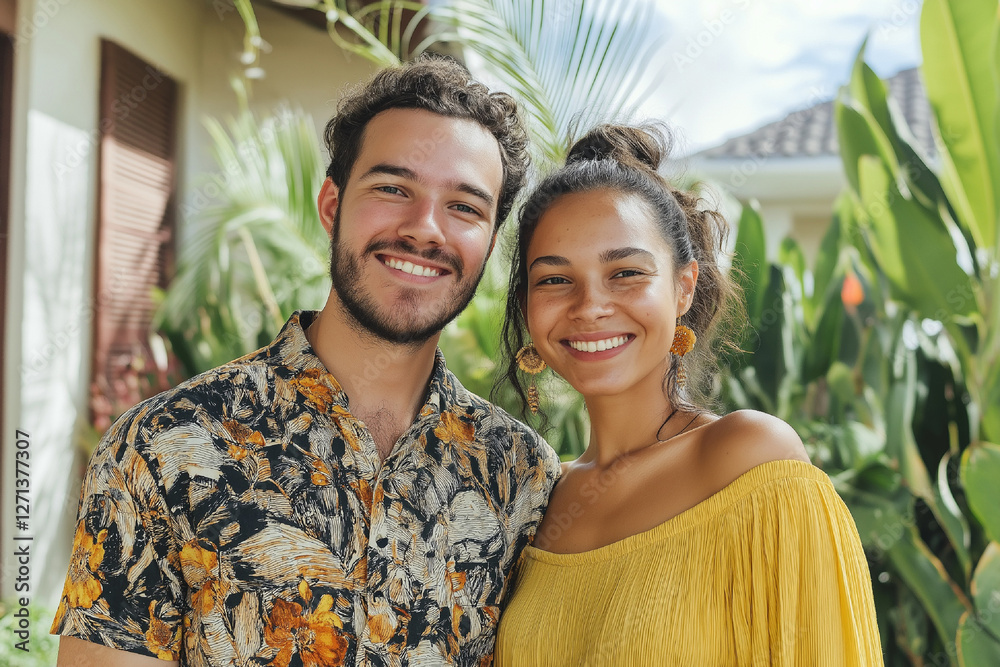 Happy couple smiling outdoors in tropical garden setting Happy couple smiling outdoors in tropical garden setting