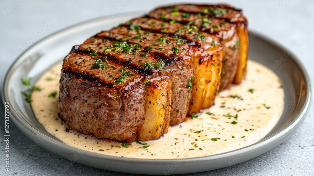 Grilled steak with pineapple and creamy sauce on a plate Grilled steak with pineapple and creamy sauce on a plate