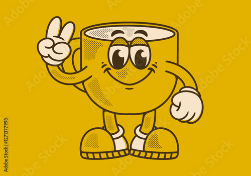 Character mascot of a coffee mug with hands forming a peace symbol in retro yellow background