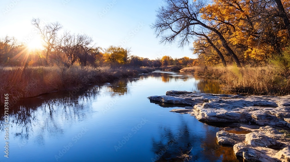 Fototapeta premium Breathtaking river scene at sunset with vibrant autumn foliage reflecting on calm water : Generative AI