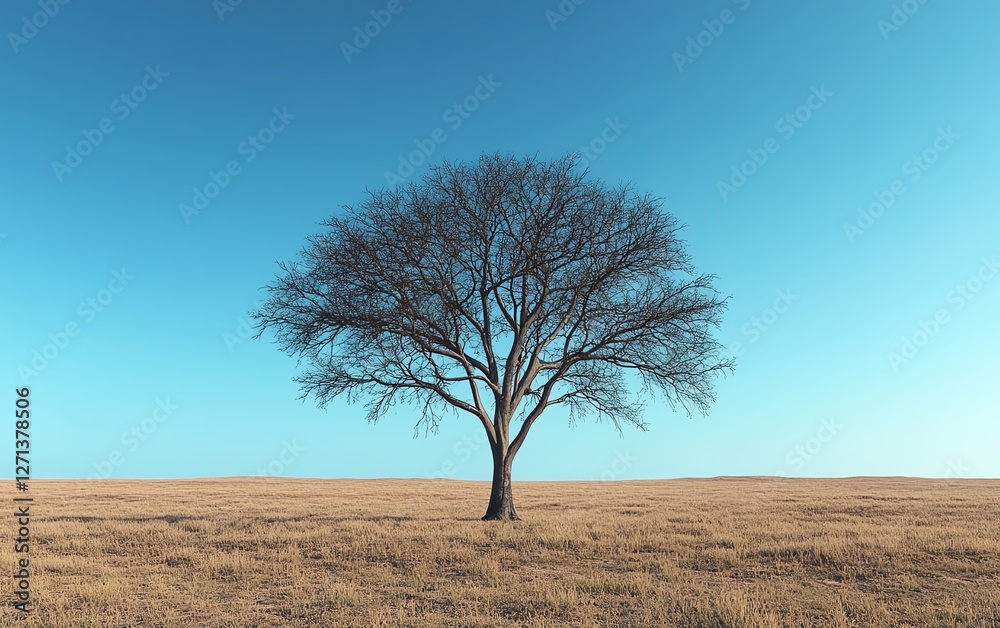 A minimalist scene with a solitary bare tree standing in a vast open field, its branches reaching into the sky, emphasizing its natural beauty, ultradetailed, 8K HDR realism A minimalist scene with a solitary bare tree standing in a vast open field, its branches reaching into the sky, emphasizing its natural beauty, ultradetailed, 8K HDR realism