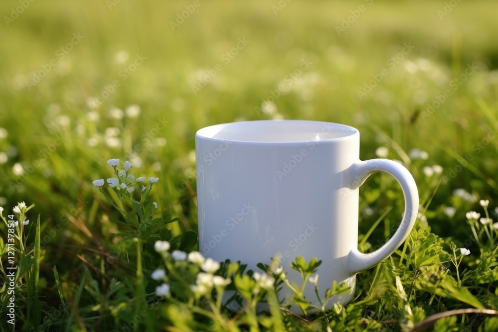 Obraz premium Mug with label packaging flower coffee grass.