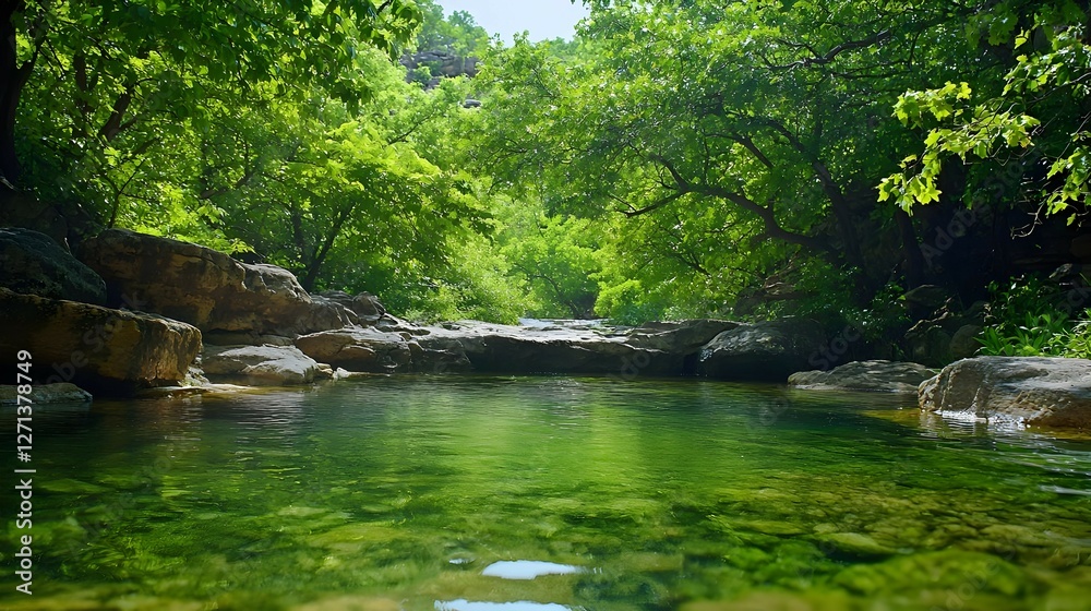 Bright Sunlight Illuminates Lush Green Forest Stream