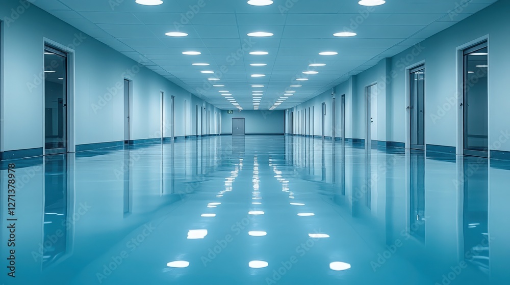 Fototapeta premium Bright and Modern Corridor with Reflections and Blue Lighting