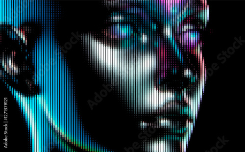 Futuristic face is depicted with vertical lines and iridescent colors, creating a digital, metallic effect. The abstract, modern design suggests themes of technology and artificial intelligence.