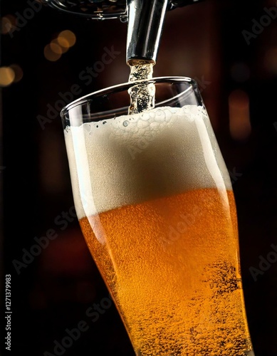 Close-up of golden draft beer being poured from a tap into a tilted glass, creating a frothy head, against a dark background.