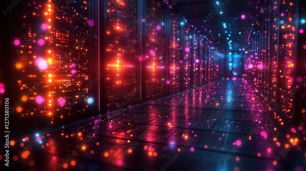 Fototapeta premium Colorful Digital Data Center with Glowing Lights and Vibrant Effects
