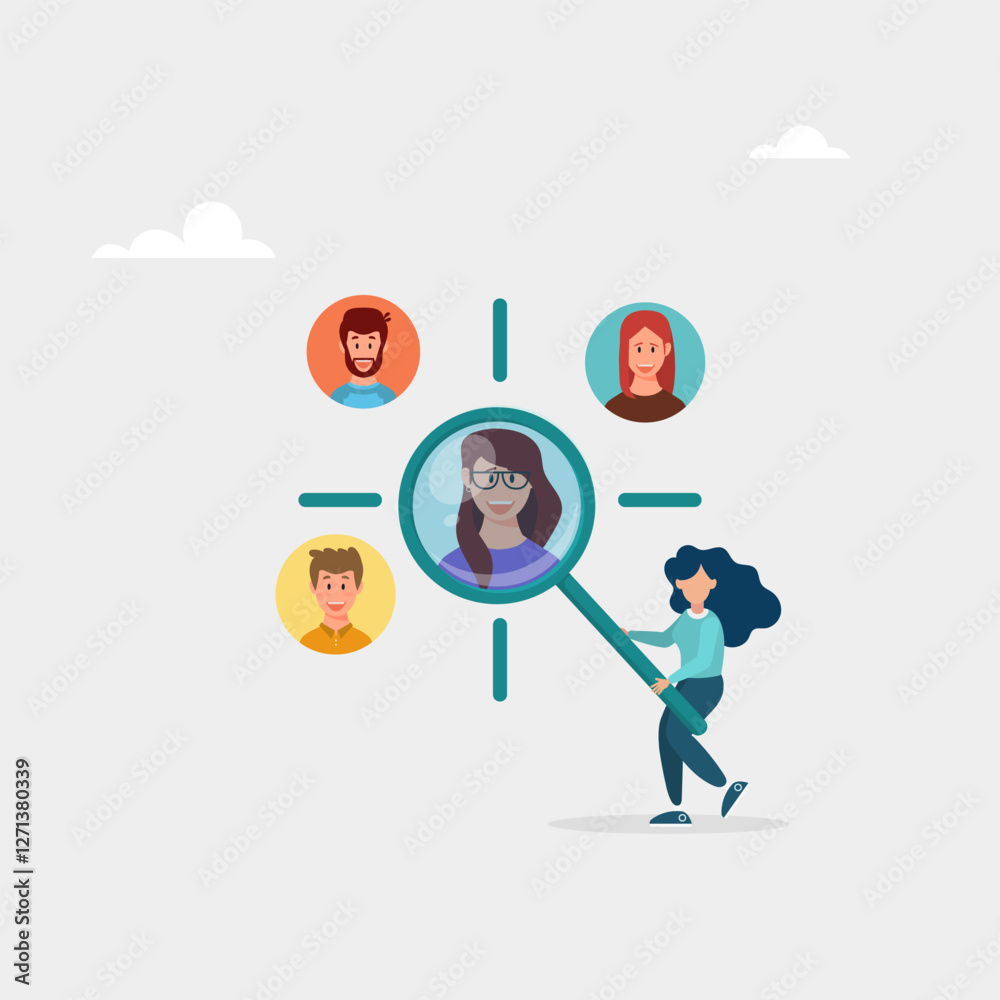 Manager with magnifying glass focuses on clients. Customer-centric marketing strategy for product and service development. Vector illustration. Manager with magnifying glass focuses on clients. Customer-centric marketing strategy for product and service development. Vector illustration.
