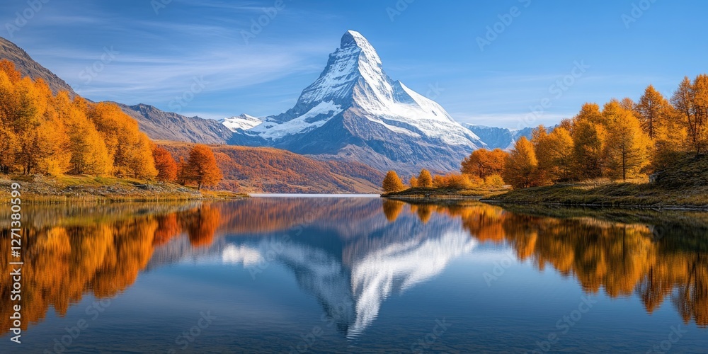 Obraz premium Autumnal lake with snow-capped mountain in the background. Reflection of mountain and fall colors on water.