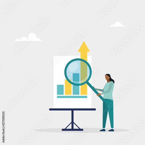 Research data, analysis of information in chat. Studying financial data or business growth. The character uses a magnifying glass to view graphs. Vector illustration	