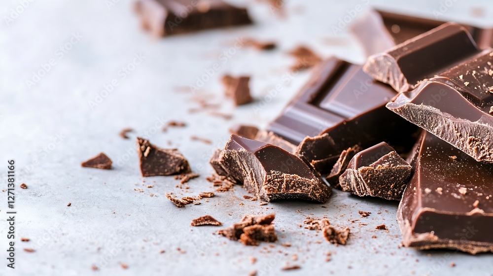 Fototapeta premium Delicious dark chocolate pieces scattered on a textured surface showcasing indulgent sweetness : Generative AI