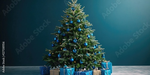 The image features a tall, shiny green Christmas tree fully decorated with blue ornaments and gifts neatly placed underneath. The overall scene conveys a warm, festive holiday atmosphere.