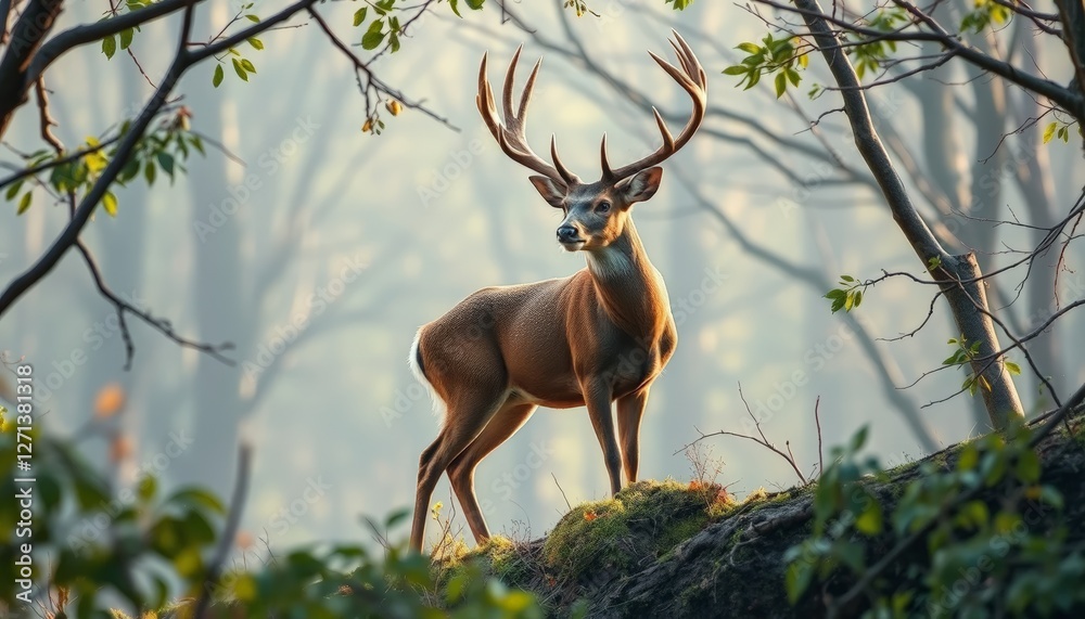 A majestic deer standing gracefully amidst soft, illuminated foliage, capturing the essence of nature, ideal for wildlife enthusiasts, outdoor themes, or conservation projects. A majestic deer standing gracefully amidst soft, illuminated foliage, capturing the essence of nature, ideal for wildlife enthusiasts, outdoor themes, or conservation projects.