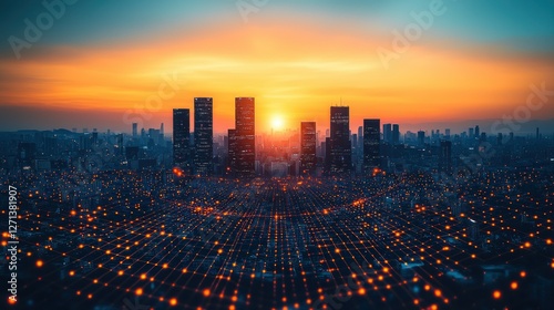 Fototapeta Naklejka Na Ścianę i Meble -  Sunrise city skyline connected by network