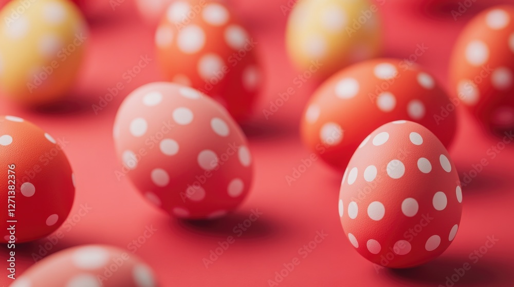 Colorful and playful Easter eggs in shades of red, yellow, and white with polka dot patterns. Colorful and playful Easter eggs in shades of red, yellow, and white with polka dot patterns.