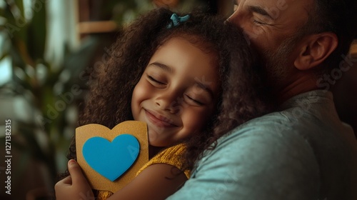 Loving daughter hugging father, presenting homemade heart shaped card with warm familial emotion
