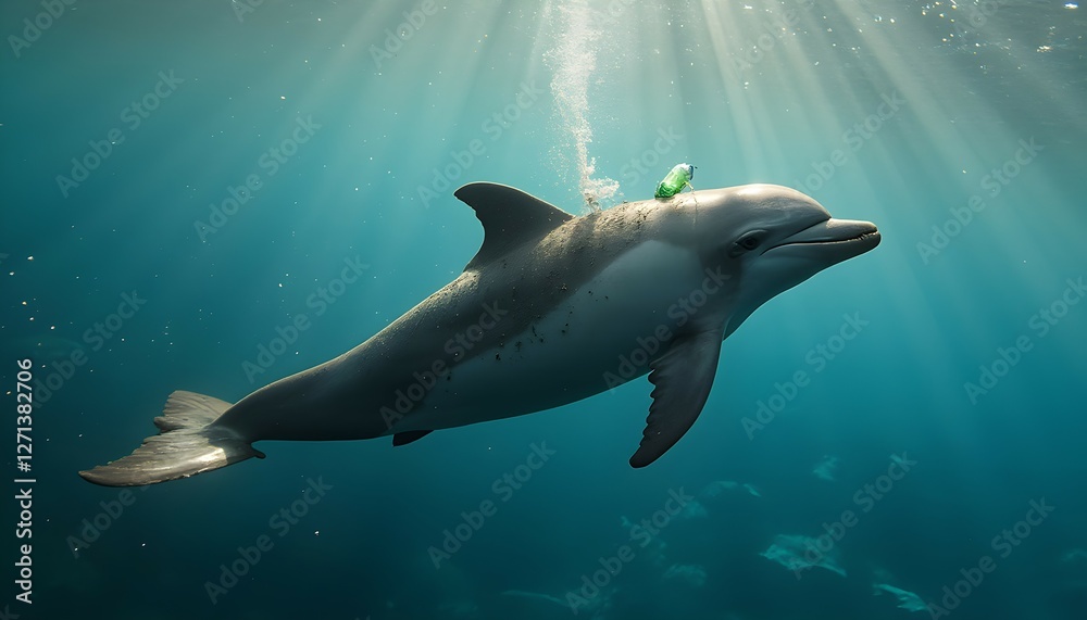 Fototapeta premium Dolphin Swimming with Plastic Bottle on Its Back