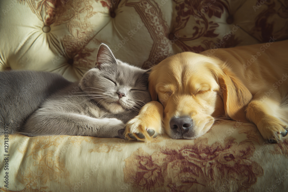 Obraz premium Cat and dog peacefully sleeping together