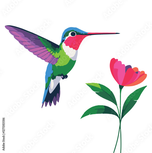Hummingbird with flower vector. white bagraound