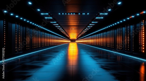 Futuristic Data Center Corridor with Glowing Lights and Reflections