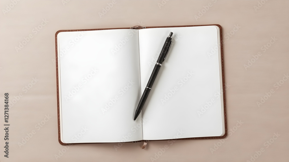 A high-quality mockup featuring an open notebook with a pen lying diagonally across its pages. The notebook cover offers a large space for your logo or custom design. Subtle textured desk background. A high-quality mockup featuring an open notebook with a pen lying diagonally across its pages. The notebook cover offers a large space for your logo or custom design. Subtle textured desk background.