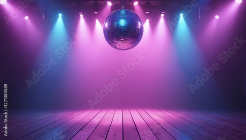 Stage with disco ball, bright lights. Wooden floor, vibrant colors. Purple, pink, blue illumination, club atmosphere. Nightlife event, retro dance party background, disco era vibes. Entertainment,