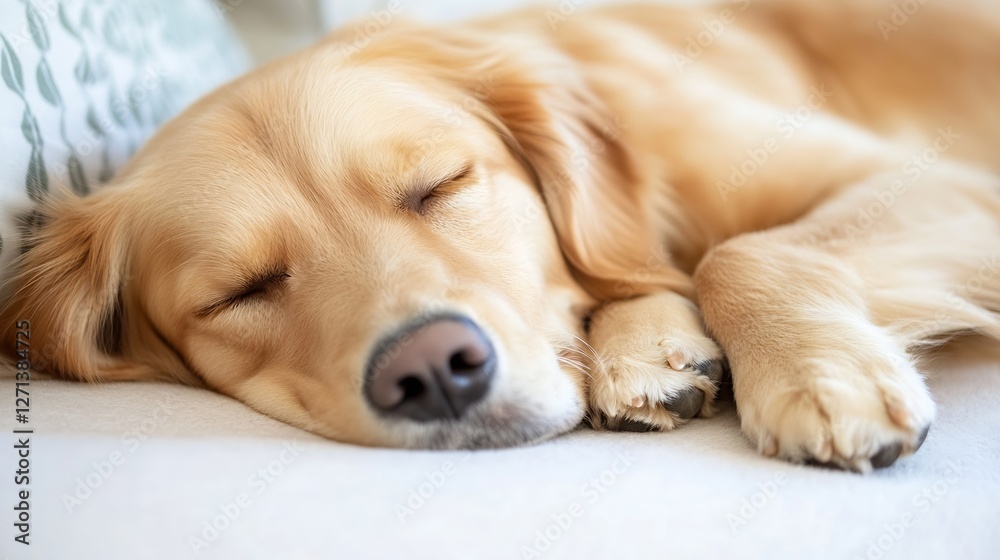 Cute golden retriever sleeping peacefully on a cozy sofa with a relaxed expression : Generative AI Cute golden retriever sleeping peacefully on a cozy sofa with a relaxed expression : Generative AI